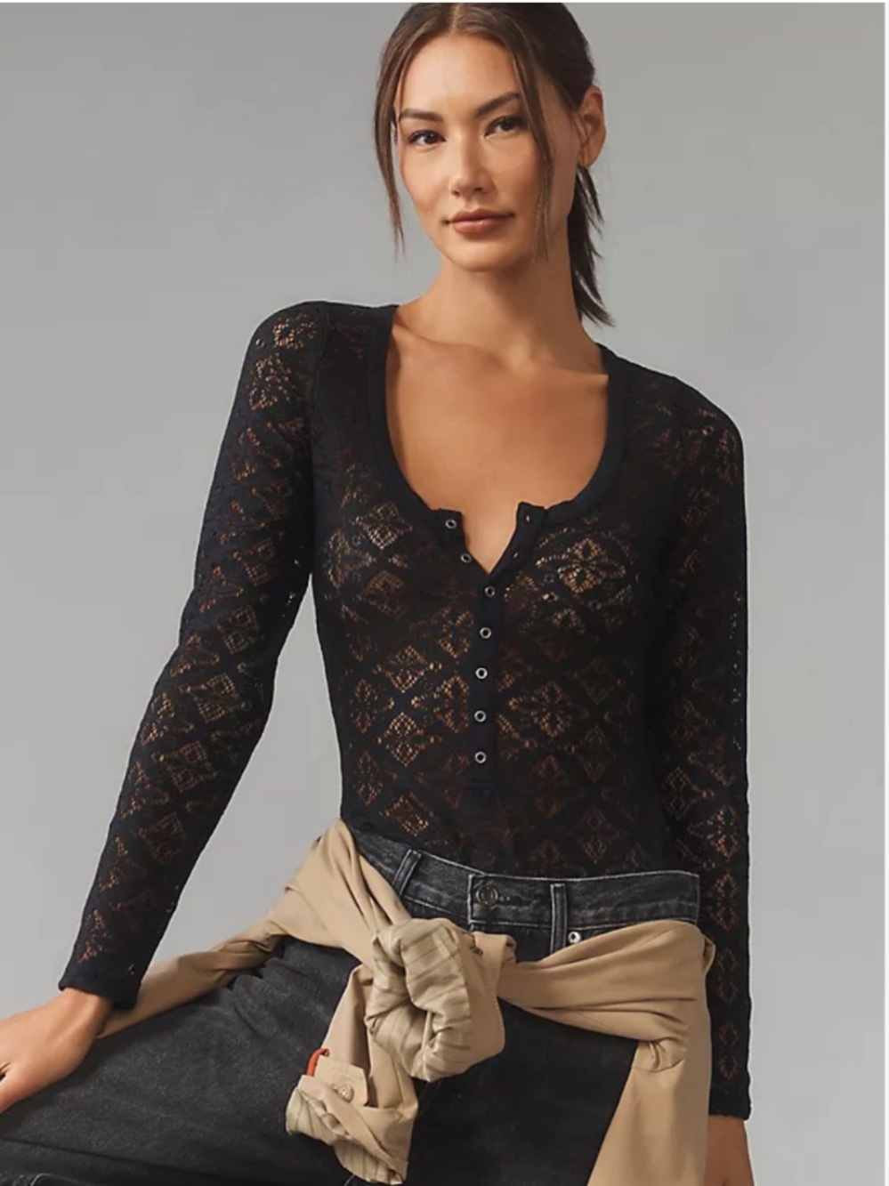 Pilcro Sheer Lace Long-Sleeve button up Bodysuit Black NWT